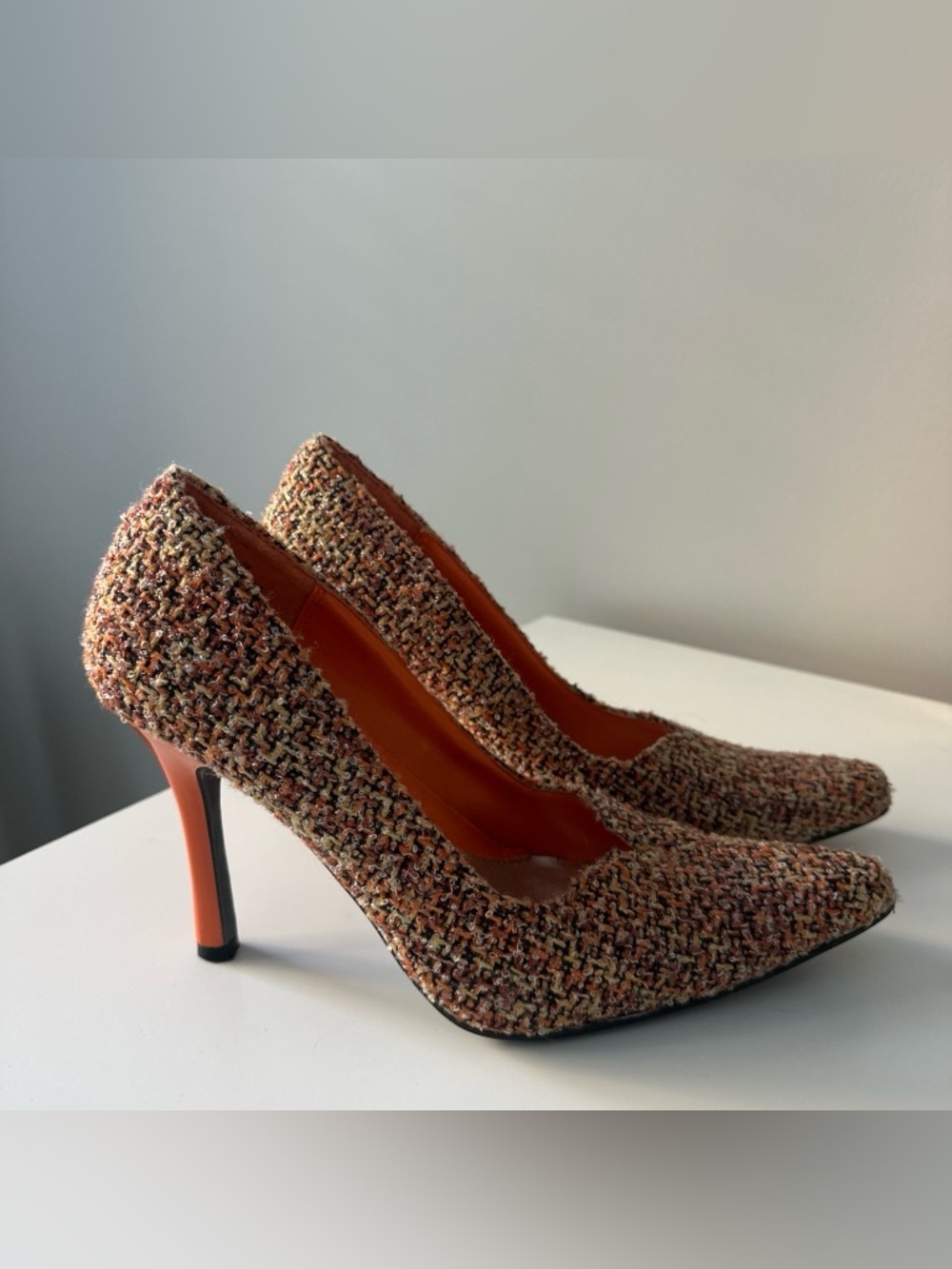 Anne Michelle Tweed Pointed-Toe Pumps in Orange